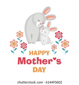 Happy Mother’s day. Greeting card with the image of cute animals with cubs. Vector illustration in cartoon style.