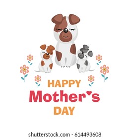 Happy Mother’s day. Greeting card with the image of cute animals with cubs. Vector illustration in cartoon style.