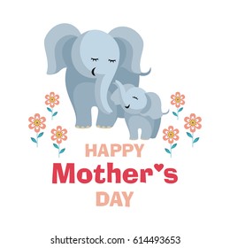 Happy Mother’s day. Greeting card with the image of cute animals with cubs. Vector illustration in cartoon style.