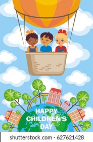 Happy children’s day greeting card with the image of the hot air balloon, the planet Earth and children of different races. Vector illustration in cartoon style