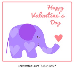 Happy Valentine’s Day greeting card with inscription. Cute kawaii lilac cartoon elephant character with heart pattern