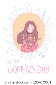 Happy Women’s Day greeting card. International womens day poster in pastel colors. Callygraphic text and hand drawn spring flower doodles background. Vector illustration of a cute girl in flat style.