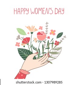 Happy Women’s Day greeting card. International womens day poster in pastel colors, flyer, banner, invitation. Callygraphic text and hand drawn spring flowers. Vector illustration in a flat style.