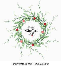 Happy Valentine’s day greeting card love letter. Mini Rose flower and Mistletoe on white background and handwritten text with heart. For Valentines, mother’s, wedding, celebration, christmas, birthday