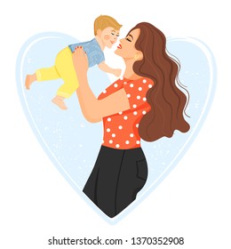 Happy mother’s day greeting card. Mother with son. Mom holds child in her arms. Heart shape composition. Design for banner, stickers, posters, cards etc. Vector illustration on white background.