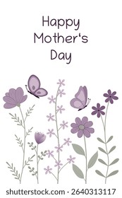 Happy Mother’s Day. Greeting card with purple flowers and butterflies.