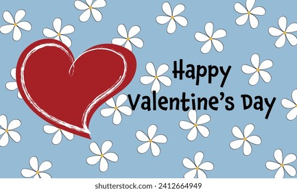Happy Valentine’s Day. Greeting card with a red heart and white flowers on a light blue background. 