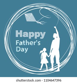 Happy Father’s Day greeting card. Vector illustration. The style of origami, cut paper. Holiday card for dad, vector for print and web. Dad with children starts a kite. 