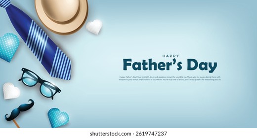 Happy Father’s Day greeting card. Vector illustration background. With father’s hat, specs, moustache, bow tie. Fatherhood background.	