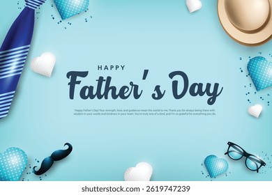 Happy Father’s Day greeting card. Vector illustration background. With father’s hat, specs, moustache, bow tie. Fatherhood background.	