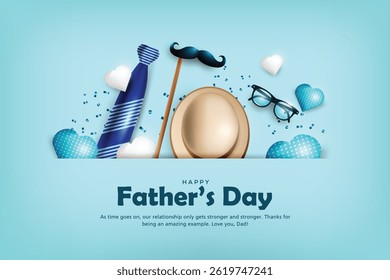 Happy Father’s Day greeting card. Vector illustration background. With father’s hat, specs, moustache, bow tie. Fatherhood background.	