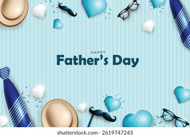 Happy Father’s Day greeting card. Vector illustration background. With father’s hat, specs, moustache, bow tie. Fatherhood background.	