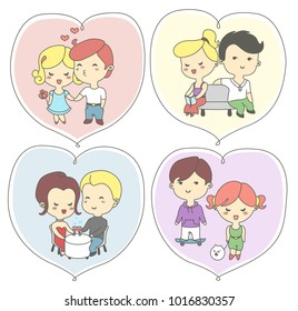 Happy valentine’s day greeting cards with lovers. The couples holding hands, kissing, meeting, drinking wine,
walking with cute dog