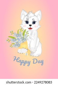 Happy Day. Greeting postcard. Little cute  white cat sitting with bouquet of forget me not flowers on pink background.