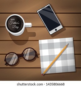 Happy Father’s Day greeting template for banner, card, poster, flyer. Abstract composition of coffee cup, phone, glasses, napkin and pencil on top of wooden background.