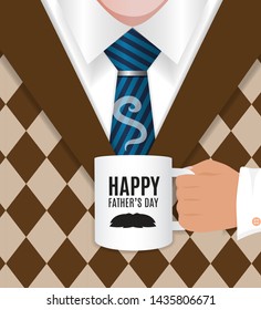 Happy Father’s Day greeting template for banner, card, poster, flyer. Father holding mug with hot drink. Abstract composition of a sweater, shirt, tie, mug, hand, sleeve and vintage diamond pattern.