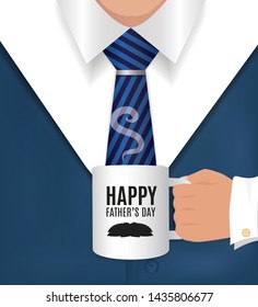 Happy Father’s Day greeting template for banner, card, poster, flyer. Father holding mug with hot drink. Abstract composition of a cardigan, shirt, tie, mug, hand, sleeve and message.
