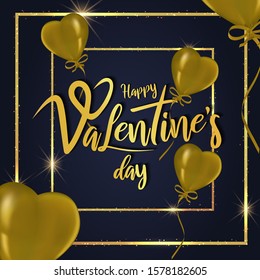 Happy Valentine’s Day hand drawn lettering background. Realistic heart balloon. Vector illustration greeting card, cute love flyer, romantic invitation poster and banner.