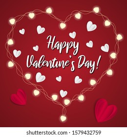 Happy Valentine’s Day hand drawn lettering background. Realistic garland lights, heart balloon shape. Vector illustration for greeting card, love flyer, romantic invitation poster and banner.