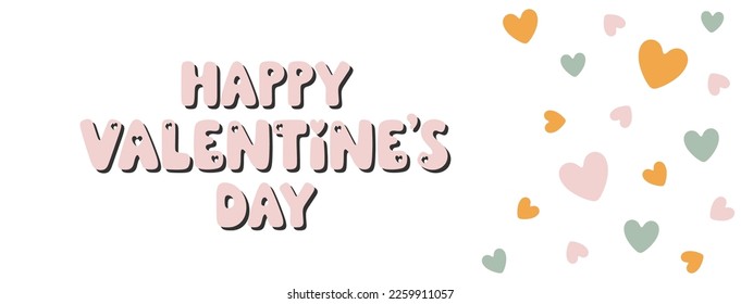 Happy Valentine’s Day hand drawn vector banner with hearts. Romantic background for Valentine’s and holiday design. Lovely vector illustration. Trendy modern art. Charming greeting poster