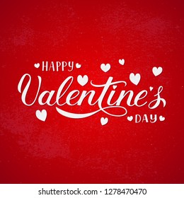 Happy Valentine’s Day hand lettering with hearts on red background. Holiday celebration poster. Easy to edit vector template for Valentines day greeting card, invitation, flyer, banner etc.