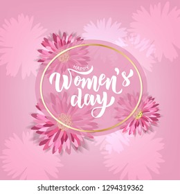 Happy Woman’s Day hand lettering text with pink flowers. Vector illustration. 8 March greeting calligraphy design. Template for a poster, cards, banner.
