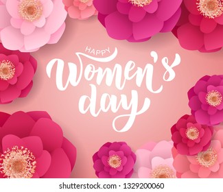 Happy Woman’s Day hand lettering text with beautiful flowers. Vector illustration. 8 March greeting calligraphy design. Template for a poster, cards, banner.