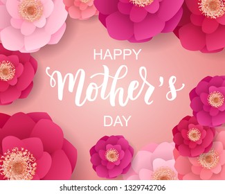 Happy Mother’s day hand lettering text with beautiful flowers. Good for card, poster, banner, invitation, postcard, icon. Vector illustration. Typography. Celebration the holiday of moms.