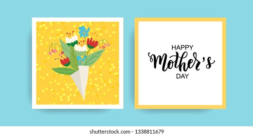 Happy Mother’s day hand lettering text with beautiful flowers. Good for card, poster, banner, invitation, postcard, icon. Vector illustration. Typography. 