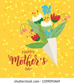 Happy Mother’s day hand lettering text with beautiful paper cut flowers. Good for card, poster, banner, invitation, postcard, icon. Vector illustration. Typography. 