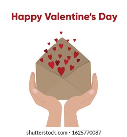 Happy Valentine’s Day. Hands holding envelope with tiny hearts. Vector illustration.