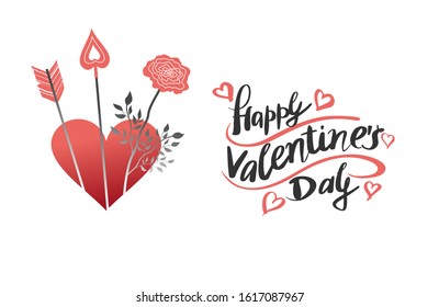 Happy Valentine’s Day, handwritten calligraphy poster and heart with rose and arrow. Vector on a white background. Wallpaper, flyers, invitations, posters, brochures, banners.