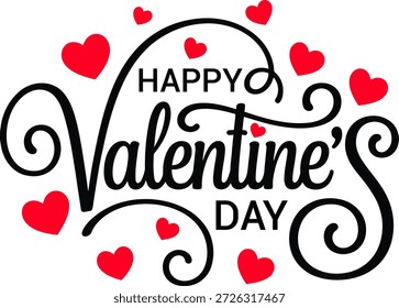Happy Valentine’s Day handgeschriebener Kalligraphietext mit Herzen Form von Valentinstag für Textbeschriftung, Flyer, Grußkarte, Einladung, Plakate, Broschüre, Banner, Vektorgrafik einzeln auf weißem Hintergrund