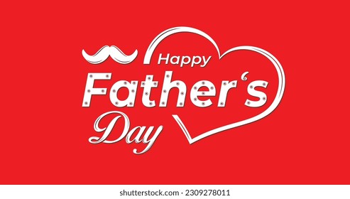 Happy Father’s Day handwritten Calligraphy in white color on a red background with heart and mustache icon. Vector illustration.