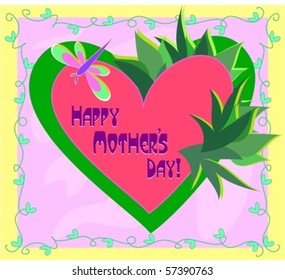 Happy Motherâ??s Day Heart and Dragonfly Vector