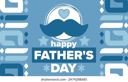 Happy Father’s Day. Honoring dads. Lovely celebration in June. Sweetest family holiday. Party event. Mustache and heart. Blue color. Creative art poster. Vector design