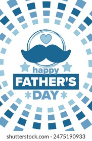 Happy Father’s Day. Honoring dads. Lovely celebration in June. Sweetest family holiday. Party event. Mustache and heart. Blue color. Creative art poster. Vector design