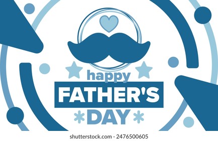 Happy Father’s Day. Honoring dads. Lovely celebration in June. Sweetest family holiday. Party event. Mustache and heart. Blue color. Creative art poster. Vector design