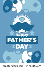 Happy Father’s Day. Honoring dads. Lovely celebration in June. Sweetest family holiday. Party event. Mustache and heart. Blue color. Creative art poster. Vector design