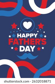 Happy Father’s Day. Honoring dads. Lovely celebration in June. Sweetest family holiday. Party event. Mustache and heart. Blue color. Creative art poster. Vector design