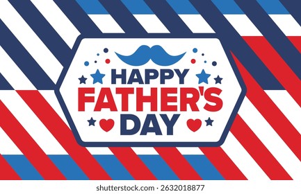 Happy Father’s Day. Honoring dads. Lovely celebration in June. Sweetest family holiday. Party event. Mustache and heart. Blue color. Creative art poster. Vector design
