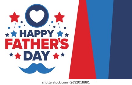 Happy Father’s Day. Honoring dads. Lovely celebration in June. Sweetest family holiday. Party event. Mustache and heart. Blue color. Creative art poster. Vector design