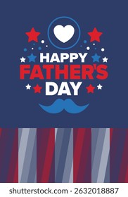 Happy Father’s Day. Honoring dads. Lovely celebration in June. Sweetest family holiday. Party event. Mustache and heart. Blue color. Creative art poster. Vector design