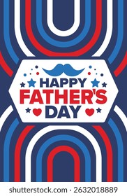 Happy Father’s Day. Honoring dads. Lovely celebration in June. Sweetest family holiday. Party event. Mustache and heart. Blue color. Creative art poster. Vector design
