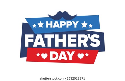 Happy Father’s Day. Honoring dads. Lovely celebration in June. Sweetest family holiday. Party event. Mustache and heart. Blue color. Creative art poster. Vector design