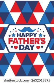 Happy Father’s Day. Honoring dads. Lovely celebration in June. Sweetest family holiday. Party event. Mustache and heart. Blue color. Creative art poster. Vector design