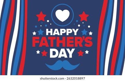 Happy Father’s Day. Honoring dads. Lovely celebration in June. Sweetest family holiday. Party event. Mustache and heart. Blue color. Creative art poster. Vector design