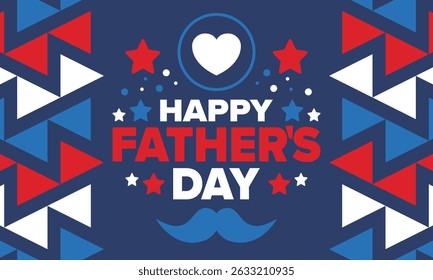 Happy Father’s Day. Honoring dads. Lovely celebration in June. Sweetest family holiday. Party event. Mustache and heart. Blue color. Creative art poster. Vector design