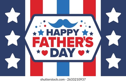 Happy Father’s Day. Honoring dads. Lovely celebration in June. Sweetest family holiday. Party event. Mustache and heart. Blue color. Creative art poster. Vector design