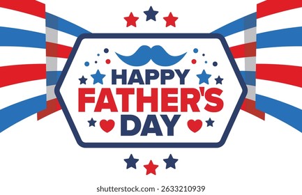 Happy Father’s Day. Honoring dads. Lovely celebration in June. Sweetest family holiday. Party event. Mustache and heart. Blue color. Creative art poster. Vector design